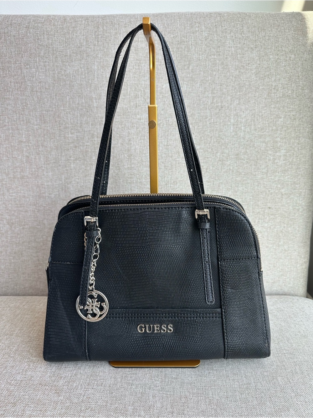 GUESS Black Textured Double-Zip Satchel with Silver Charm